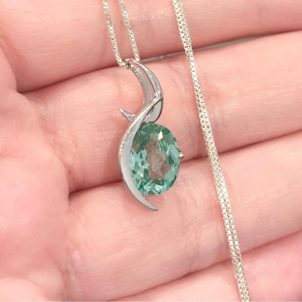 Vintage 14K Green Spinel Pendant: White Gold Crescent Abstract Slider Piece - Picture 5 of 14